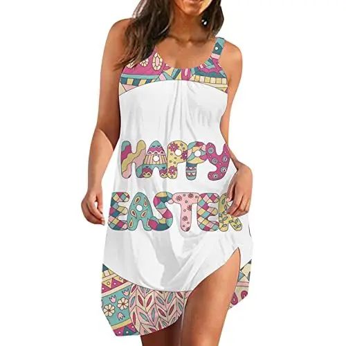 Produktbild: Ostern Sommer Frauen ärmelloses Kaninchen Ei Muster Tank Weste Kleid Boho Casual Swing Sommerkleid Damen Winterkleid (XL,Gelb #3)