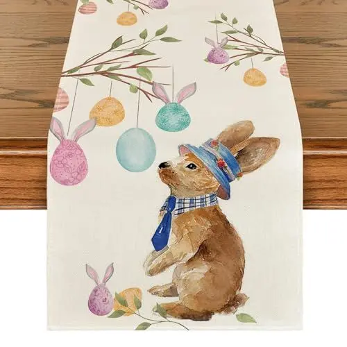 Produktbild: Ostern Tischläufer,Hase Bunte Eier Ostern Tischdecke,Osterdeko Bunt Ostern Eier Hasen Tischdecke Polyester Frühling Osterdekoration Innen Außen für Zuhause Esszimmer, 35x180cm