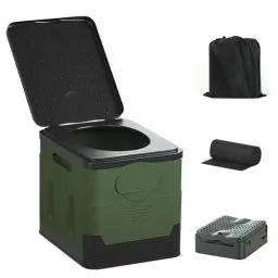 Produktbild: OSTWOLKE Campingtoilette Faltbar Ohne Chemie 20 Ltr mit Max 150KG, Camping Toiletten (inkl. Aufbewahrungsbeutel und 12x Müllbeutel), Campingklo mit Deckel, Militärgrün Notfall Toilette für Outdoor