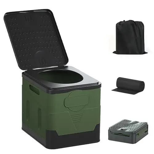 Produktbild: OSTWOLKE Campingtoilette Faltbar Ohne Chemie 20 Ltr mit Max 150KG, Camping Toiletten (inkl. Aufbewahrungsbeutel und 12x Müllbeutel), Campingklo mit Deckel, Militärgrün Notfall Toilette für Outdoor
