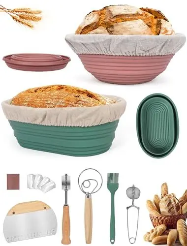 Produktbild: OSTWOLKE Gärkörbchen für Brot Set, Brot Backen Zubehör, 2 Gärkorb Silicone(Oval und Rund), Brotbacken-Set mit Teigspachtel, Dänischer Teigbesen, ideal für Heim- und Professionelle Backen
