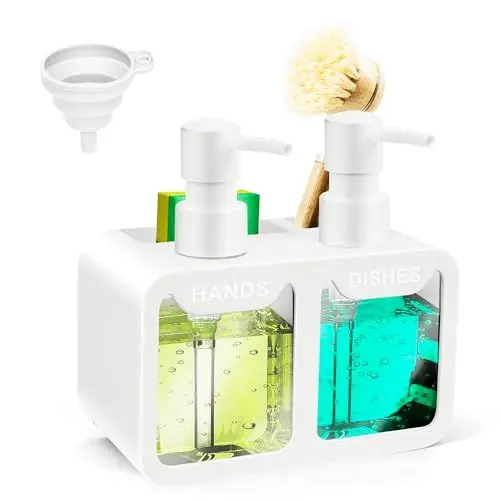 Produktbild: OSTWOLKE Seifenspender Küche Set, Spülbecken Organizer mit Spülmittelspender & Bürstenhalter & Trichter & Schwammhalter, Dish Soap Dispenser Set, Küchen Organizer, Geeignet für Küchenspüle(Weiß)