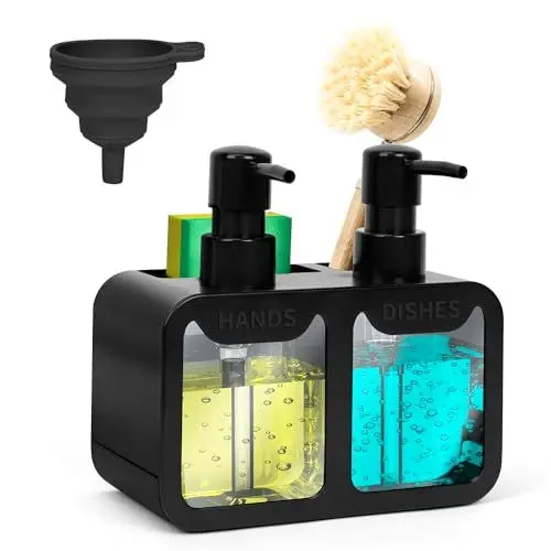 Produktbild: OSTWOLKE Spülmittelspender Küche Set, Küche Spülbecken Organizer mit Bürstenhalter & Trichter & Schwammhalter, 350ml Seifenspender, Waschmittel Wiederbefüllbar, Geeignet für Küchenspüle (Schwarz)