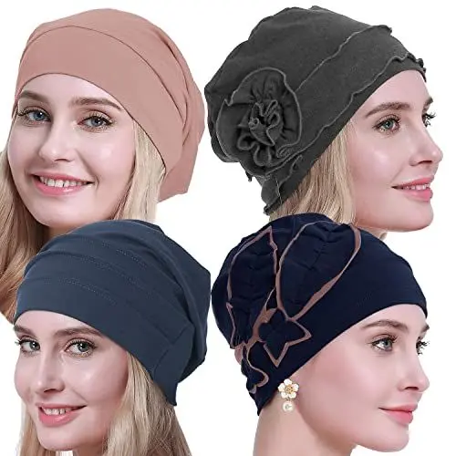 Produktbild: osvyo Baumwolle Chemo Hüte Soft Caps Krebs Kopfbedeckungen für Frauen Haarausfall versiegelt Verpackung BLAU GRAU-MIX -4 Stk