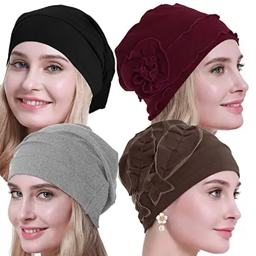 Produktbild: osvyo Baumwolle Chemo Hüte Soft Caps Krebs Kopfbedeckungen für Frauen Haarausfall versiegelt Verpackung Kaffee-Kirsch-GRAU-SCHWARZ -4 STK.