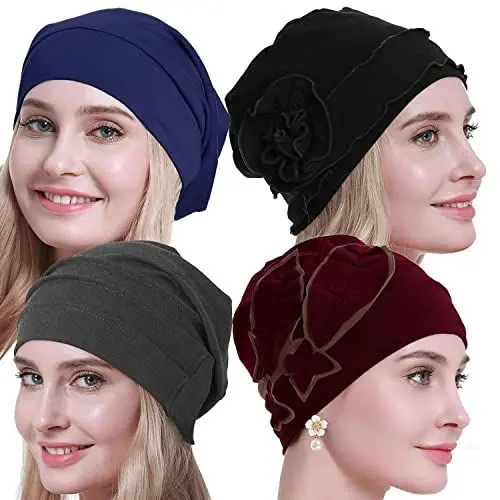 Produktbild: osvyo Baumwolle Chemo Hüte Soft Caps Krebs Kopfbedeckungen für Frauen Haarausfall versiegelt Verpackung Kirsche-SCHWARZ-GRAU-Marineblau -4 STK.