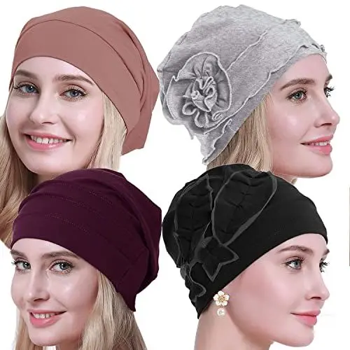 Produktbild: osvyo Baumwolle Chemo Hüte Soft Caps Krebs Kopfbedeckungen für Frauen Haarausfall versiegelt Verpackung SCHWARZ-GRAU-Wein-ROSTROT