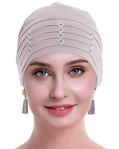 Produktbild: osvyo Chemo Kopfbedeckung Bambus für Damen, Chemo Kopftuch Turban für Frauen mit Blumenmotiv-Kopfbedeckung Mütze Kappen BLASS MAUVE