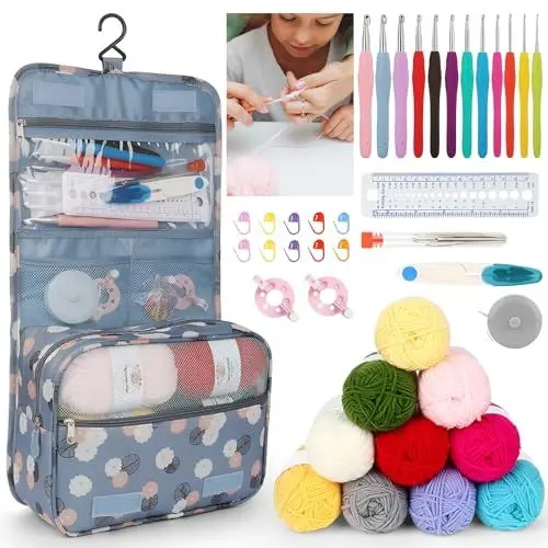 Produktbild: Osznmmg Häkelsets für Anfänger und Erwachsene, 48-teiliges Häkel-Starter-Set für Kinder, mit Anleitung (evtl. nicht in deutscher Sprache) und 10 x 25 g Garn, Strick-Starter-Set für Erwachsene