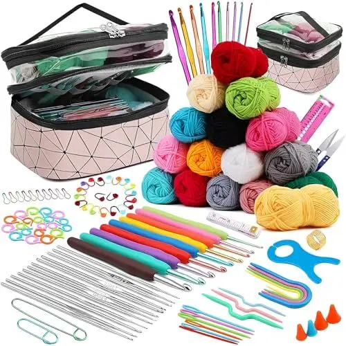 Produktbild: Osznmmg Häkelsets für Anfänger und Erwachsene, Häkelset, 105-teiliges Häkelset, Zubehör mit Etui, Strickset mit Wolle und Nadeln, Häkel-Starter-Set, Bastelsets für Erwachsene