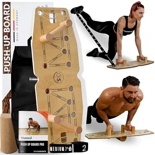 Produktbild: OTHERSPORTS Liegestütze Brett Pro – Push up Board Brust Trainingsgerät für Muskelaufbau – Original Liegestützebrett Holz (mit Halbrolle/mit Rucksack/mit Fitnessbänder)