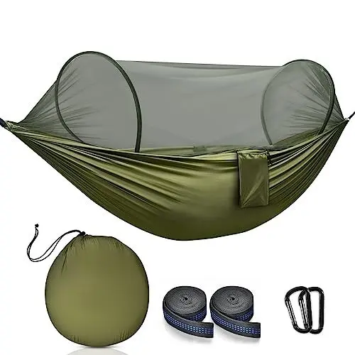 Produktbild: OTraki Camping-Hängematte mit Moskitonetz, 289,6 x 137,2 cm, leicht, tragbar, Doppel-Hängematte mit Gurten, 200 kg Tragkraft, Pop-Up-Nylon-Hängematte für Reisen, Outdoor, Wandern, Rucksackreisen,