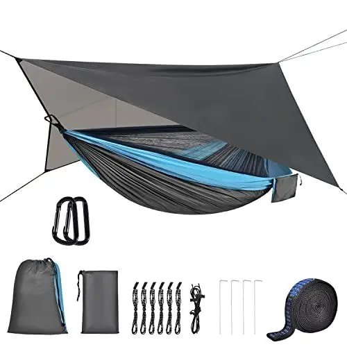 Produktbild: OTraki Hängematte mit Moskitonetz und Tarp 290cm x 140cm Hängematte Outdoor 200kg Reise Camping Hängematte Last Kapazität Ultraleichte Atmungsaktiv für Outdoor Wandern (Blau Grau)