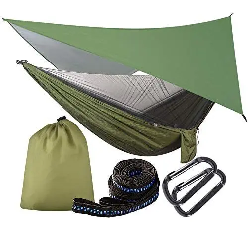 Produktbild: OTraki Hängematte Outdoor mit Tarp Moskitonetz 290cm x 140cm Ultraleicht Wasserdicht Camping Hammock Hängematten mit Insektennetz und Zeltplane 200kg Last Kapazität für Wandern/Reisen