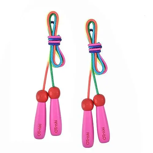 Produktbild: OTraki Springseil für Kinder und Erwachsene, 2 Stück, verstellbar, Griff aus Holz, rutschfest, buntes Baumwollseil, Jump Rope für Jungen, Mädchen, Fitness, Training, Übungen im Freien