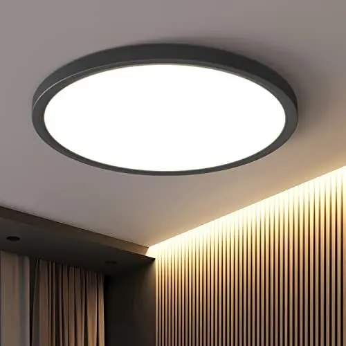 Produktbild: OTREN LED Deckenleuchte 48W, Rund Deckenlampe 4800LM, Moderne Flach Panel 3000K Warmweiß für Badezimmerküche Wohnzimmer Schlafzimmer, Ø40CM, Schwarz