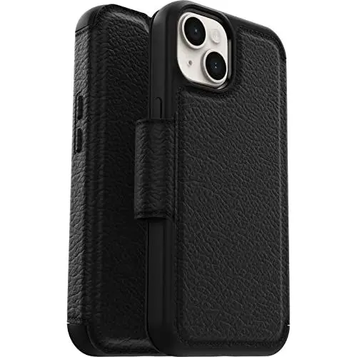 Produktbild: OtterBox Strada Hülle für iPhone 16e, iPhone 14, stoßfest, sturzsicher,Premium Lederfolio mit Zwei Kartenhaltern, 3X getestet nach Militärstandard, Schwarz