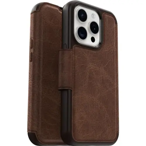 Produktbild: OtterBox Strada Hülle für iPhone 15 Pro für MagSafe, stoßfest, sturzsicher, Premium Lederfolio mit Zwei Kartenhaltern, 3X getestet nach Militärstandard, Braun