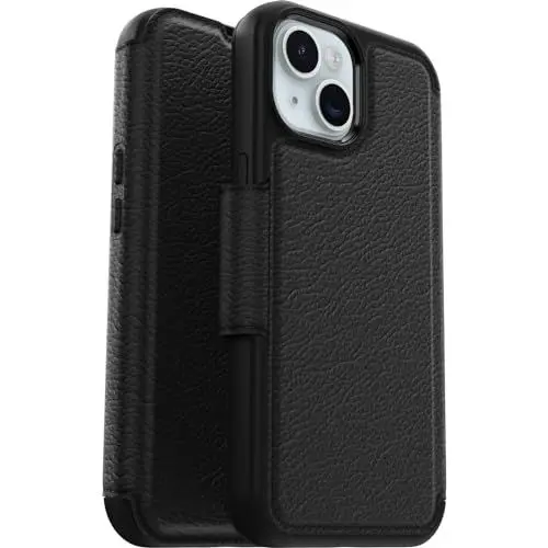 Produktbild: OtterBox Strada Hülle für iPhone 15 für MagSafe, stoßfest, sturzsicher,Premium Lederfolio mit Zwei Kartenhaltern, 3X getestet nach Militärstandard, Schwarz