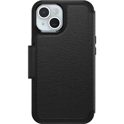 Produktbild: OtterBox Strada Hülle für iPhone 15 für MagSafe, stoßfest, sturzsicher,Premium Lederfolio mit Zwei Kartenhaltern, 3X getestet nach Militärstandard, Schwarz, Keine Einzelhandelsverpackung