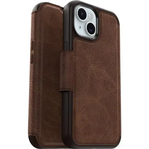 Produktbild: OtterBox Strada Hülle für iPhone 15 für MagSafe, stoßfest, sturzsicher, Premium Lederfolio mit Zwei Kartenhaltern, 3X getestet nach Militärstandard, Braun