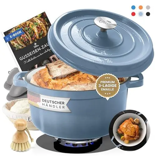 Produktbild: Ottia Gusseisen Topf brot backen (inkl. Gärkorb) - Emaille Topf 26cm - Ideale Brotbackform, Brotbacktopf, Schmortopf mit Deckel & Aromanoppen, Bratentopf - auch für Induktion | Händler aus Hamburg
