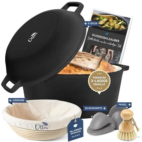 Produktbild: Ottia Gusseisen Topf brot backen (inkl. Gärköbchen) - Emaille Topf 26cm - Brotbackform mit Deckel, Idealer Brotbacktopf, Schmortopf, Bratentopf - auch für Induktion | Händler aus Hamburg