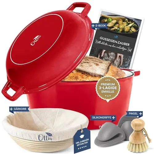 Produktbild: Ottia Gusseisen Topf brot backen (inkl. Gärköbchen) - Emaille Topf 26cm - Brotbackform mit Deckel, Idealer Brotbacktopf, Schmortopf, Bratentopf - auch für Induktion | Händler aus Hamburg