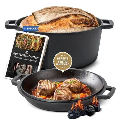 Produktbild: Ottia Gusseisen Topf, Deckel als Pfanne, Brot backen, Eintopf, Schmortopf, für Induktion, Gas, Camping, Feuer, BBQ, Grill, mit Rezeptbuch, Händler aus Hamburg