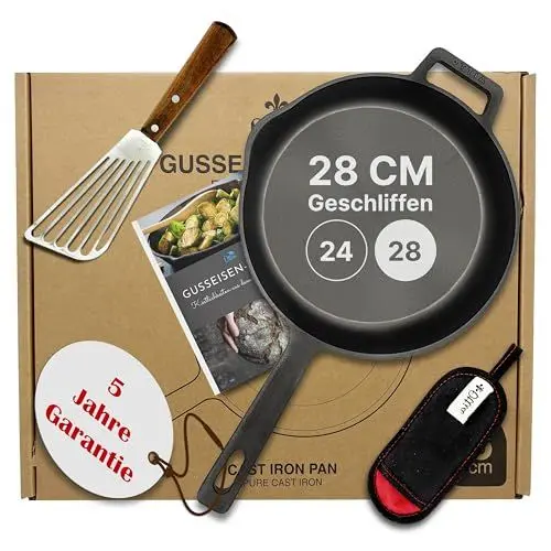 Produktbild: Ottia Gusseisenpfanne Induktion 28cm mit eKochbuch, Pfannenwender, Hitzeschutz - geschliffene Pfanne Gusseisen, Eisenpfanne, Cast Iron Pan, Gusspfanne, Gusseiserne Pfanne, Gusseisen-Pfanne, Gusspfanne