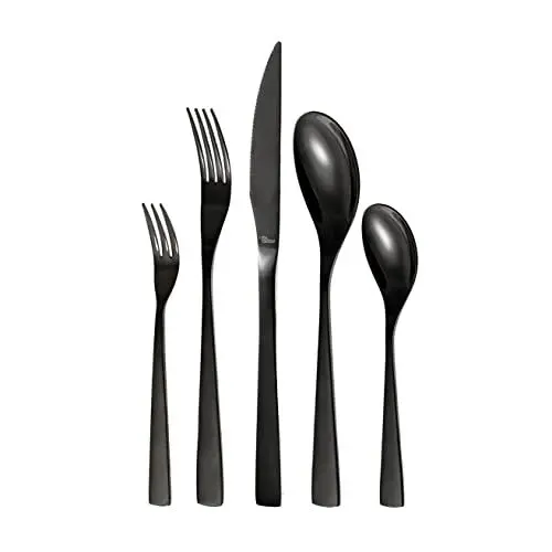 Produktbild: Otto Koning - Berlin - Besteck schwarz 4 Personen, Essbesteck Set 20 teilig, Titanium schwarz plattiert und hochglanzpoliertem Edelstahl, Dicke 4 mm und Steakmesser. Ein modernes Besteck für 4 Gäste.
