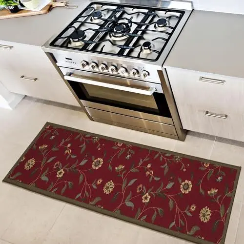Produktbild: Ottomanson Ottohome-Kollektion Teppichläufer mit Gummirückseite und modernem Blätter-Design, 50 cm x 150 cm, Rot