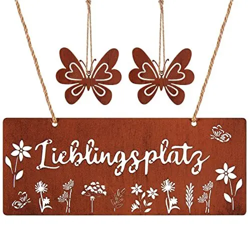 Produktbild: Otuuz Rostfarbe Metall Lieblingsplatz Schild zum Hängen 25 x 10 cm Dekoratives Türschild Rustikal Rost Wandschild Rostiges Gartenschild Gartendeko mit 2 Rostoptik Schmetterlinge Dekos für Sommer