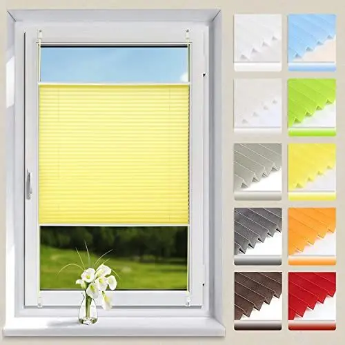 Produktbild: OUBO Plissee ohne Bohren Klemmfix Aluminium-Schienen, Gelb 80x120cm (BXH), Jalousie Easyfix Faltrollo mit Klemmträger Sonnenschutz und Sichtschutz lichtdurchlässig Rollos für Fenster & Tür