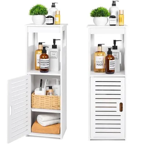 Produktbild: OUDIE Badezimmerschrank Schmal, Badschrank, Toilettenschrank, Badmöbel kleine, Einheit mit 1 Türen und Regal, zur Aufbewahrung von Toilettenpapier, das Badehandtuch, Shampoo, weiß. (SM) (U)