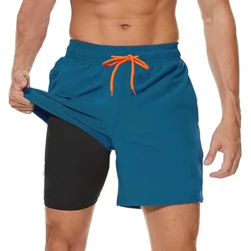 Produktbild: Ougelebo Badehose Herren mit Kompression Badeshorts Herren Kurz 2 in 1 Schnelltrocknend Männer Schwimmhose Schwimmshort mit Reißverschluss Board Swim Shorts Pfauenblau XL