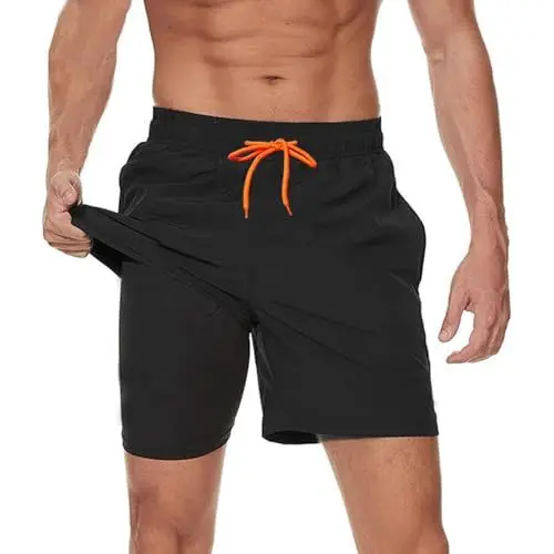 Produktbild: Ougelebo Badehose Herren mit Kompression Badeshorts Herren Kurz 2 in 1 Schnelltrocknend Männer Schwimmhose Schwimmshort mit Reißverschluss Board Swim Shorts Schwarz L