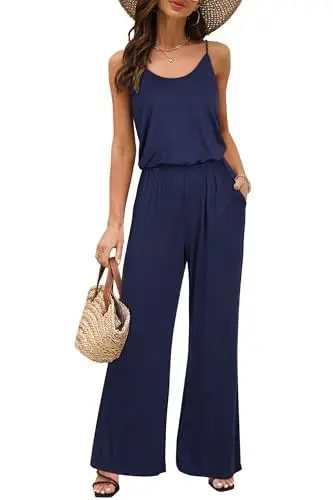 Produktbild: OUGES Damen Sommer Ärmellos Jumpsuit Overall Lang Hosenanzug Casual Playsuit Romper mit Taschen(Marine,M)