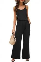Produktbild: OUGES Damen Sommer Ärmellos Jumpsuit Overall Lang Hosenanzug Casual Playsuit Romper mit Taschen(Schwarz,L)