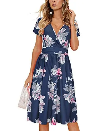 Produktbild: OUGES Damen Sommerkleid Kurzarm V-Ausschnitt Knielang Blumenmuster Midi Kleid mit Taschen(Floral05, L)