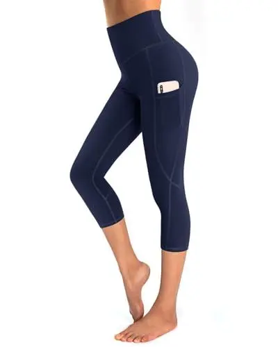 Produktbild: OUGES Damen Sport Leggings 3/4 High Waist Capri Leggins Yogahose Blickdichte Sporthose mit Taschen (Navy-20inch,S)