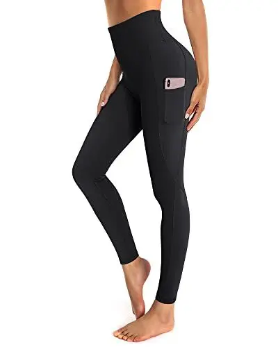 Produktbild: OUGES Damen Sport Leggings High Waist Leggins Yogahose Blickdichte Sporthose mit Taschen (Schwarz,L)