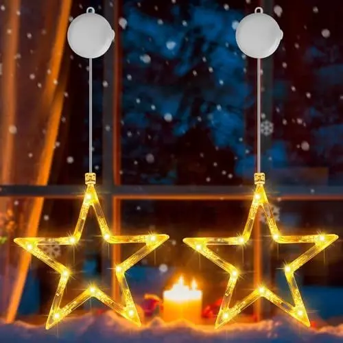 Produktbild: OUILA LED Sterne Weihnachtsbeleuchtung, Weihnachtsdekoration Lichter Lichterkette Batteriebetrieben mit Saugnäpfe Funkel LED Weihnachtslichter mit Timer Weihnachtsbeleuchtung Weihnachtsdeko(Warmweiß)