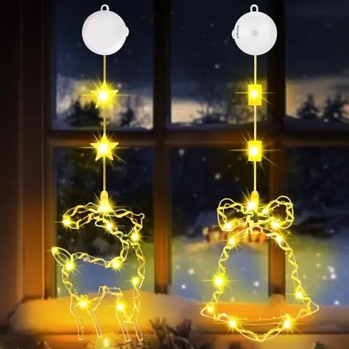 Produktbild: OUILA LED Weihnachtsbeleuchtung Innen, Funkel Jingle Bells & Elch Weihnachtsbeleuchtung Fenster mit Saugnäpfe & Timer Lichterkette Weihnachtslichter Weinachtsdekorationen für Innen (Warmweiß)