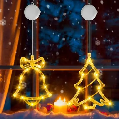 Produktbild: OUILA LED Weihnachtslichterketten Lichter, Funkel Weihnachten Lichterkette Weihnachtsbaum Weihnachtsglocken Weihnachtsbeleuchtung mit Saugnäpfe Timing Weihnachtsstern für Weihnachtsschmuck (Warmweiß)