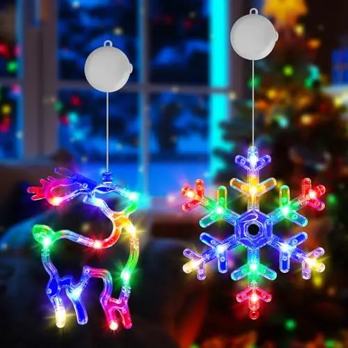 Produktbild: OUILA RGB LED Weihnachtsbeleuchtung, Schneeflocken & Elch Hängende Weihnachtsdeko Fenster Beleuchtet mit Saugnäpfe & Timer Lichterkette Weihnachts Deko Weihnachtslichterketten für Innen Weihnachten
