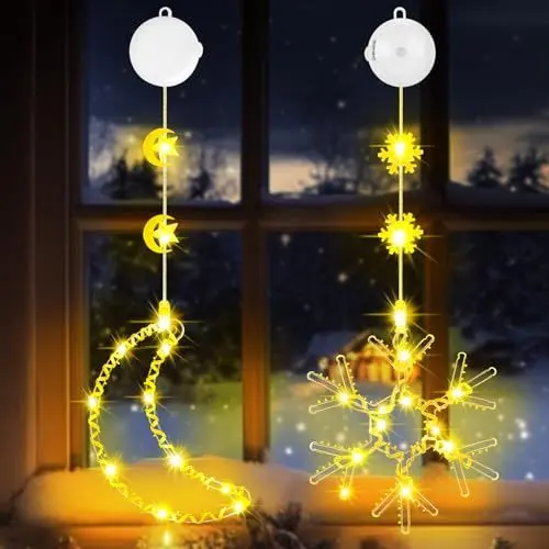 Produktbild: OUILA Weihnachtsbeleuchtung Fenster, Mond & Schneeflocken Lichterkette Fenster Innen Funkel mit Saugnäpfe & Timer Lichterketten Weihnachts Weihnachtslichterketten für Weihnachtsdeko Innen(Warmweiß)