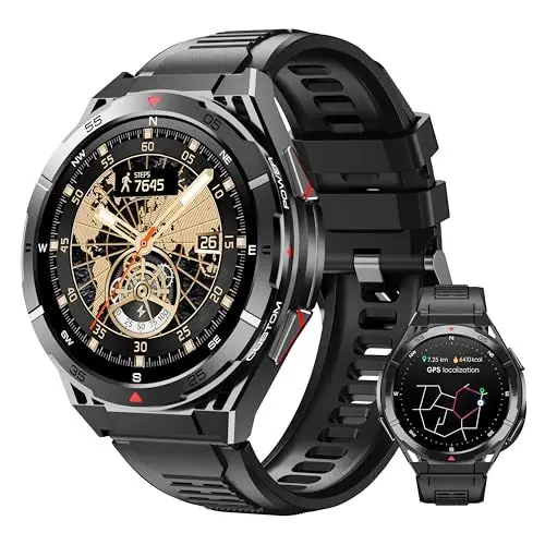 Produktbild: OUKITEL GPS Smartwatch Herren BT12-5ATM Wasserdicht Militär Fitnessuhr, 1,43 Zoll AMOLED Display mit Herzfrequenz Oxymetrie Schlafüberwachung Kompass Luftdruck, 480mAh Akku 100+ Sportmodi