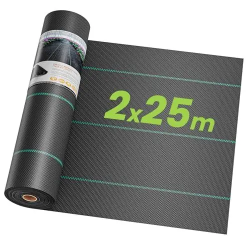 Produktbild: OUNUO 2mx25m Unkrautvlies Gartenvlies gegen Unkraut, Reißfestes Unkrautfolie Wasserdurchlässig Unkrautgewebe 90g/m², Rolle Bändchengewebe Hohe UV-Stabilisierung