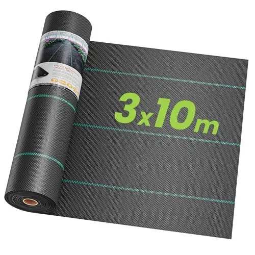 Produktbild: OUNUO 3mx10m Unkrautvlies Gartenvlies 90g/m², Unkrautgewebe gegen Unkraut Reißfestes Bändchengewebe, Rolle Unkrautfolie Wasserdurchlässig und Hohe UV-Stabilisierung